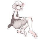  1girl bare_shoulders barefoot blonde_hair bloomers blush feet female footwear foreshortening hair_ribbon kuro_suto_sukii monochrome open_mouth red_eyes ribbon rumia short_hair single_sock sketch smile sock_dangle socks soles solo strap_slip the_embodiment_of_scarlet_devil toes touhou underwear youkai 