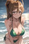  1girl ai_generated beach big_breasts bikini brown_eyes brown_hair green_bikini green_swimsuit green_swimwear highschool_of_the_dead long_brown_hair long_hair ocean rei_miyamoto swimsuit swimwear thick_thighs wet wet_body wet_skin 