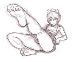 1girl bare_shoulders barefoot blush bow dress feet female foreshortening hair_bow kuro_suto_sukii kurodani_yamame leg_up monochrome pov_feet short_hair sketch soles solo sweatdrop toe_scrunch toes toes_scrunch touhou