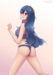  1girl 1girl alluring ass bare_shoulders bikini blue_eyes blue_hair blush breasts fire_emblem fire_emblem_awakening from_behind hairband high_res kneel long_hair looking_at_viewer lucina lucina_(fire_emblem) nintendo open_mouth shiny_skin sideboob smile swimsuit very_long_hair zelc-face 