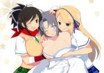 3_girls asuka_(senran_kagura) breast_grab breast_lift breasts cleavage clothing homura_(senran_kagura) huge_breasts katsuragi_(senran_kagura) multiple_girls senran_kagura yuri