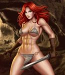  1female 1girl abs artist_logo big_breasts breasts caucasian cave deviantart_username dynamite_comics female female_only flowerxl gloves holding_sword human human_only light-skinned_female long_hair looking_at_viewer medium_breasts micro_bikini muscle muscular_female outside red_hair red_sonja red_sonja_(comics) redhead scalemail_bikini side_view solo solo_female standing sword thighs weapon 