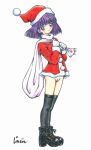  1girl bag bishoujo_senshi_sailor_moon blue_eyes bob_cut boots bottomless christmas hat hotaru_tomoe jinjin no_panties purple_hair pussy sack sailor_moon sailor_saturn santa santa_costume santa_hat solo thighhighs tomoe_hotaru uncensored 