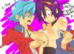 2_girls bare_shoulders blue_hair blush bodypaint breast_press breasts cape genderswap goggles goggles_on_head kamina multiple_girls oekaki open_clothes open_shirt purple_eyes purple_hair shirt short_hair simon symmetrical_docking tehryu tengen_toppa_gurren-lagann