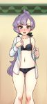 1girl anabel blush bra female female_human female_only lila_(pokemon) long_hair looking_at_viewer monorus mostly_nude panties pokemon shirt solo standing thigh_gap unbuttoned_shirt