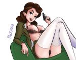 1girl agent_carter breasts crossed_legs_(sitting) female female_only hackman23 handgun holding_weapon marvel military_uniform panties partially_clothed peggy_carter sitting skirt solo stockings unbuttoned uniform upskirt weapon