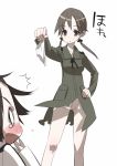  2girls bad_id blush bottomless brown_hair gertrud_barkhorn hand_on_hip hands hips holding holding_panties miyafuji_yoshika multiple_girls no_panties panties panties_removed presenting_panties pussy shocked strike_witches surprise surprised tensugi_takashi twintails uncensored underwear 