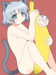 1girl animal_ears banana flat_chest food fruit green_eyes holding holding_fruit kurappii nude sanya_v_litvyak short_hair silver_hair solo strike_witches tail