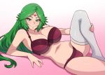 1girl akairiot big_breasts blush bra female female_only green_eyes green_hair kid_icarus long_hair looking_at_viewer nintendo palutena panties seductive solo stocking