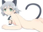 1girl animal_ears ass cat_ears cat_tail flat_chest green_eyes kurappii lying necktie nude on_stomach open_mouth sanya_v_litvyak short_hair silver_hair solo strike_witches tail