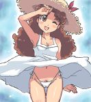  1girl 4040_(artist) aliasing blush brown_eyes brown_hair dress dress_lift happy hat head_tilt highleg highleg_panties long_hair looking_at_viewer lowres oekaki olive olive_oyl one_eye_closed panties pantyshot princess_maker princess_maker_2 pubic_hair side-tie_panties smile solo sun_hat sundress thigh_gap underwear upskirt white_panties wind_lift wink 