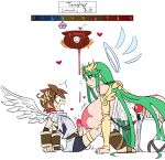 1girl angel angel_wings big_breasts blue_eyes breasts brown_hair cauldron colored edit gameplay_mechanics gauntlets green_hair hair kid_icarus kid_icarus_uprising male nintendo nipples open_mouth palutena penis pit shocked sitting surprise testicle wings