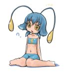 +_+ 1girl ? antenna antennae barefoot bikini blue_hair chinchou female full_body masha midriff moemon monster_girl navel nintendo personification pokemon simple_background sitting solo swimsuit white_background