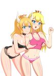 1girl 2girls abstract_background big_breasts black_nails black_panties black_topwear blonde_hair blue_eyes bowsette breast_grab breasts casual_clothes crown curvy_body curvy_female female female/female female_only hair_ornament hands_on_breasts horns long_hair mario_(series) new_super_mario_bros._u_deluxe nintendo pale-skinned_female pale_skin pink_nails pink_topwear princess_peach scared video_game_character wirpem