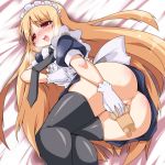  1girl ass bed blonde_hair gloves insertion long_hair lying maid masturbation no_panties object_insertion puipui! pussy pussy_juice raiden_(artist) red_eyes saliva sierra_zadou solo source_request thighhighs uncensored 