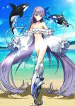  1girl bare_legs bare_shoulders beach blue_eyes blue_hair blue_sky blur_censor censored cloud fate/extra fate/extra_ccc fate/grand_order fate_(series) half_naked long_hair meltlilith meltryllis meltryllis_(swimsuit_lancer)_(fate) no_bra no_panties nude nude_filter orca purple_hair sand sleeveless small_breasts thick_thighs thighhighs thighs type-moon water 