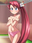  ai_kozeri blue_eyes blush breast_hold cameltoe covering feathers flat_chest ikumi_tan kozeri_ai live_on_cardliver_kakeru long_hair makino_tomoyasu navel panties pinky_out ponytail red_hair solo striped striped_panties topless underwear underwear_only 