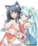 ahri breast_grab erect_nipples female female_only huge_breasts league_of_legends nipple_bulge nipple_tweak sona yuri