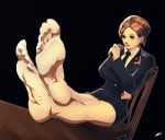  1girl barefoot blonde_hair feet female formal natalia_poklonskaya pov_feet scamwich signature sitting soles solo suit toes uniform 