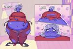  1girl ass_expansion belly_expansion big_ass big_belly big_breasts black_skirt blue_skin blueberry_inflation breast_expansion cleavage expansion grabbing_own_belly inflation navel ponytail puffy_cheeks red_leggings red_sweater ripped_clothing sile2011 silver_hair 