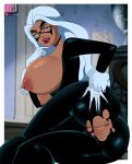 1girl 2023 anus ass ass_grab big_breasts black_cat_(marvel) blue_eyes bodysuit breasts bubble_butt choker domino_mask exposed_anus felicia_hardy female_focus ghostlessm hand_on_ass long_hair looking_at_viewer looking_back marvel marvel_animated_universe marvel_comics nipples open_mouth pussy sideboob skintight_bodysuit spider-man:_the_animated_series spider-man_(series) thick_thighs top_down torn_bodysuit white_hair