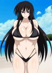  1girl alluring amano_yuuma bare_legs beach big_breasts black_hair blue_sky cleavage high_school_dxd ocean purple_eyes under_boob yxyyxy 