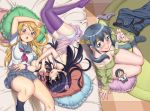  3girls alternate_legwear bed black_legwear breasts cleavage feet glasses gokou_ruri green_eyes kousaka_kirino kousaka_kyousuke lolita_fashion long_hair looking_at_viewer lying makishima_saori multiple_girls no_shoes open_mouth orange_hair ore_no_imouto_ga_konna_ni_kawaii_wake_ga_nai panties pillow purple_legwear red_eyes school_uniform sitting skirt socks thighhighs twintails tyuda underwear 