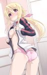 1girl 3: ass bad_id blonde_hair blush breasts charlotte_dunois dressing female infinite_stratos jacket long_hair looking_back midriff mofu navel no_bra no_pants open_clothes open_shirt panties pink_panties ponytail purple_eyes shirt solo track_jacket underwear