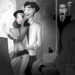  1girl 1girl 2boys boss_(paperman) clothed_sex disney george_(paperman) greyscale happy happy_sex lipstick male meg_(paperman) monochrome ninjakitty no_panties paperman_(film) partially_colored penis public public_sex pussy straight 