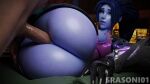 1boy 1girl anal anal_penetration big_breasts big_penis blue_hair bouncing_ass bouncing_breasts brown_eyes bubble_butt moaning overwatch sideways srasoni01 thick_thighs widowmaker widowmaker_(overwatch)