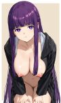  1girl angry big_breasts female_only fern_(sousou_no_frieren) frieren_beyond_journey&#039;s_end jacket long_hair looking_at_viewer nekom14 nipples no_bra no_panties open_jacket pout purple_eyes purple_hair pussy sousou_no_frieren 