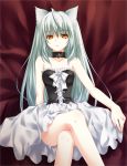  1girl animal_ears bow cat_ears catgirl collar copyright_request crossed_legs dress female gothic green_hair hal lace legs_crossed long_hair nekomimi sitting slit_pupils solo white_hair yasaka_minato yellow_eyes 