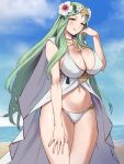 1girl alluring alternate_costume beach big_breasts bikini blue_sky cleavage cloak closed_mouth cloud cowboy_shot curvy day female_only fire_emblem fire_emblem:_three_houses fire_emblem_heroes flower gold_necklace green_eyes green_hair hair_flower hair_ornament hand_up head_wreath high_res jewelry long_hair looking_at_viewer navel necklace nintendo ocean official_alternate_costume outside oyasu3755 rhea_(fire_emblem) rhea_(summer)_(fire_emblem) sky smile stomach swimsuit very_long_hair white_bikini white_cloak white_swimsuit yamamori_kinako