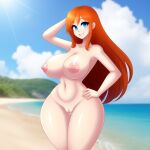 1girl ai_generated ai_hands beach big_ass big_breasts blue_eyes eva_(xxbilsm) frosting.ai grin human light-skinned_female light_skin long_hair nude nude_female orange_hair original_character pink_nipples pussy slim_waist thick_thighs