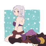  1girl 1girl 72kuri alluring aqua_background belt bikini boots border bra brown_belt brown_eyes brown_gloves fire_emblem fire_emblem_awakening fire_emblem_heroes full_body gloves high_res knee_boots nintendo official_alternate_costume pants purple_bikini purple_bra purple_pants robin_(fire_emblem) robin_(fire_emblem)_(female) robin_(summer)_(fire_emblem)_(female) sidelocks sitting swimsuit twin_tails underwear underwear_only unworn_clothes wariza white_border white_hair 