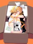 1girl ass bare_shoulders belt bikini blonde_hair box butt_crack censored closed_eyes convenient_censoring detached_sleeves female fetal_position folded girl_in_a_box hair hair_ornament hair_ribbon hairclip in_box in_container kagamine_rin leg_hug leg_warmers lying masao on_side open_clothes open_shirt ribbon sailor_collar shirt short_hair shorts shorts_pull side-tie_bikini sleeping solo swimsuit text translation_request vocaloid