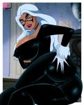 1girl 2023 ass ass_grab big_breasts black_cat_(marvel) blue_eyes bodysuit breasts bubble_butt cameltoe choker cleavage domino_mask erect_nipples_under_clothes felicia_hardy female_focus ghostlessm hand_on_ass long_hair looking_at_viewer looking_back marvel marvel_animated_universe marvel_comics nipple_bulge open_mouth sideboob skintight_bodysuit spider-man:_the_animated_series spider-man_(series) thick_thighs white_hair