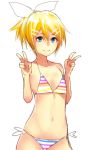 1girl bikini blonde_hair blue_eyes double_v female flat_chest kagamine_rin noboes ponytail short_hair side-tie_bikini smile solo striped striped_bikini striped_swimsuit swimsuit v vocaloid