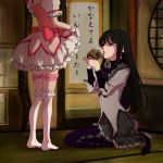  2girls akemi_homura anonymous_(japanese) art dress drink drinking female homura_akemi kaname_madoka madoka_kaname magical_girl mahou_shoujo_madoka_magica multiple_girls panties panty_pull sitting skirt skirt_lift tea yuri 