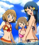 3girls big_breasts bikini blue_eyes blue_hair blue_sky brown_hair cleavage dawn_(pokemon) female kuro_hopper long_hair may_(pokemon) multiple_girls nintendo one_eye_closed orange_bikini partially_submerged partially_underwater_shot pink_bikini pokemon pokemon_dppt pokemon_rse serena_(pokemon) small_breasts smile striped_bikini underwater wading wet wet_body wet_clothes wet_hair wet_skin yellow_bikini