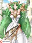  1girl alluring arms_up bare_shoulders cleavage dress female_focus fgsketch greek_clothes green_eyes green_hair hot_spring jewelry kid_icarus kid_icarus_uprising laurel_crown long_hair looking_at_viewer medium_breasts nintendo palutena parted_bangs pendant pendant_choker smile stockings strapless strapless_dress very_long_hair white_dress 