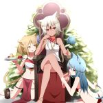 3girls animal_ears barefoot blue_eyes blue_hair cat_ears cat_tail feet female foot_worship hands_on_feet looking_at_viewer multiple_girls navel original red_eyes soles tail toes wakuwakusan wk_(low-f) yellow_eyes