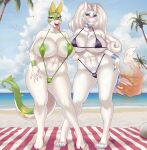  1girl ball beach big_ass big_breasts bikini deadpliss green_skin hot_tail ipan large_tongue long_ears long_hair micro_bikini posing reshiram sand sea seductive serperior sling_bikini smile tail towel white_skin 