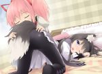 2girls ;o akemi_homura animal_ears ass bed black_hair blue_eyes blush closed_eyes female fox_ears fox_tail hair hair_ribbon haribote_(tarao) kaname_madoka lying mahou_shoujo_madoka_magica multiple_girls one_eye_closed open_mouth panties panties_under_pantyhose pantyhose pillow pink_hair ribbon school_uniform smelling tail thighhighs underwear wink yuri