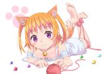 1girl :3 animal_ears barefoot bell cat_ears cat_tail dress feet female harusaki_chiwa jewelry jingle_bell lying marble on_stomach orange_hair ore_no_kanojo_to_osananajimi_ga_shuraba_sugiru purple_eyes ribbon ring rumil simple_background smile soles solo tail toes twin_tails white_background yarnball