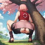  1girl ai_generated anus ass facing_away naruto outside partially_clothed pink_hair pussy sakura_haruno torn_clothes 