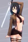  1girl belt black_hair blush breasts buckle female highres jacket kuruto long_sleeves mikasa_ackerman navel neko_kuruto nipples panties panty_pull purple_eyes pussy scarf shingeki_no_kyojin short_hair simple_background solo sword thigh_strap uncensored underwear undressing weapon 