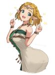  1girl alluring ass blonde_hair blush clothed clothed_female cute dat_ass dress female_only gonzarez green_eyes nintendo pointy_ears princess_zelda short_hair simple_background smile tears_of_the_kingdom the_legend_of_zelda the_legend_of_zelda:_tears_of_the_kingdom white_background zonai_outfit 