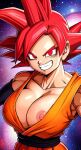  big_breasts dragon_ball_super genderswap genderswap goku muscular_female nekom14 nipple_slip nipples_visible_through_clothing red_eyes red_hair smile super_saiyan_god 