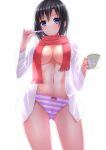 1girl black_hair blue_eyes bow bow_panties breasts cup dress_shirt female highres mikasa_ackerman navel open_clothes open_shirt panties pink_panties scarf shingeki_no_kyojin shirt short_hair simple_background solo striped striped_panties swordsouls toothbrush underwear white_background